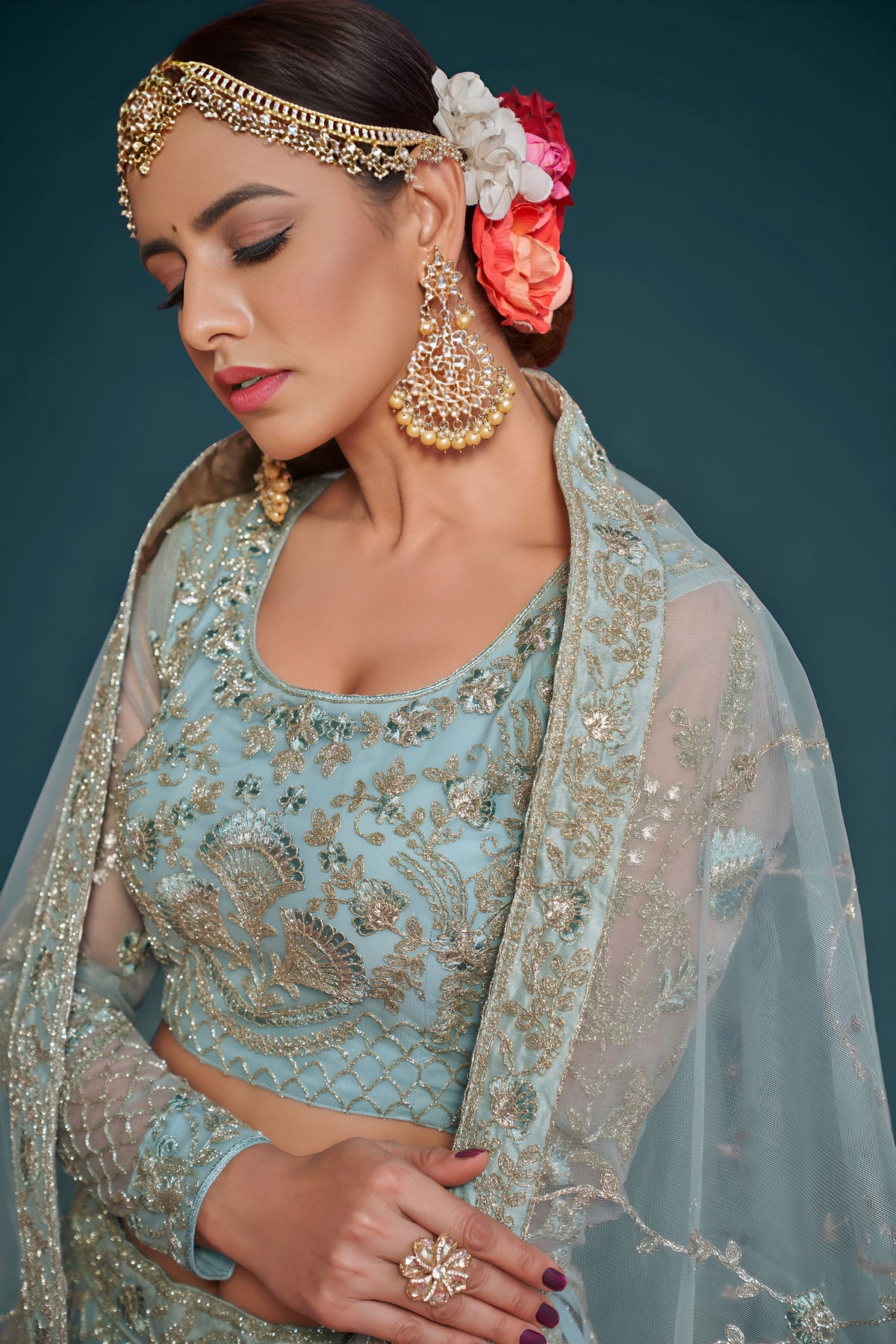 Sky Blue Soft Net Zari & Thread, Glitter Dori Work Wedding Lehenga