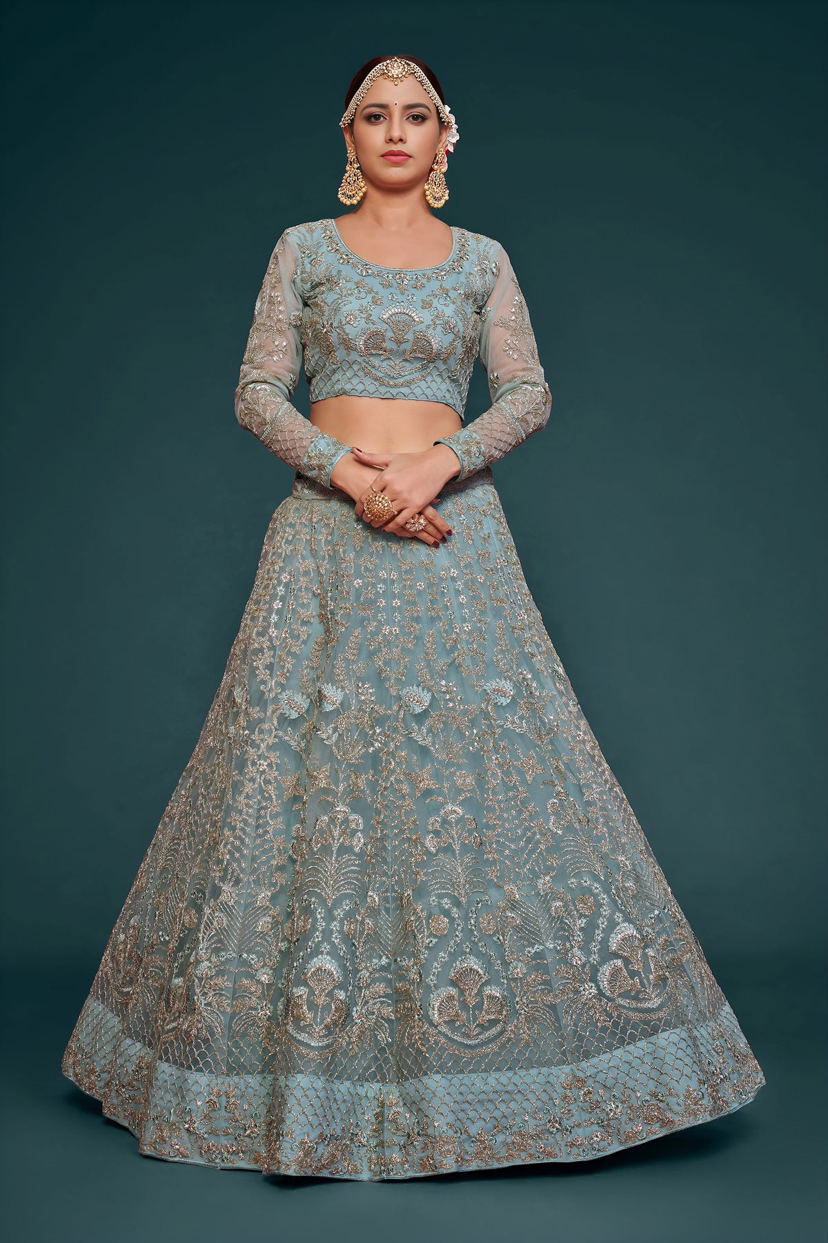 Sky Blue Soft Net Zari & Thread, Glitter Dori Work Wedding Lehenga