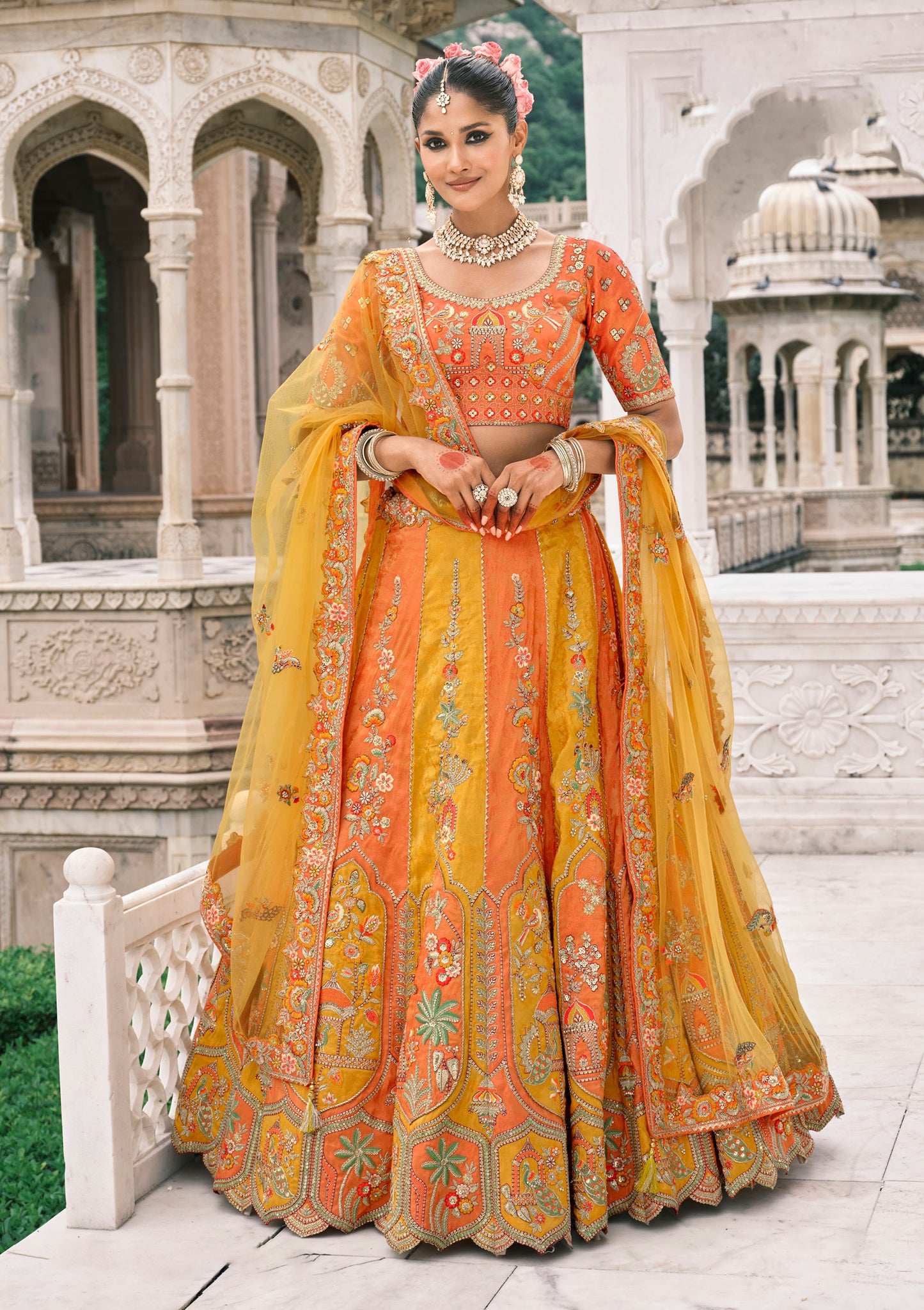 Yellow and Orange Silk Heavy Mirror & Sequins Embroidered Bridal Lehenga