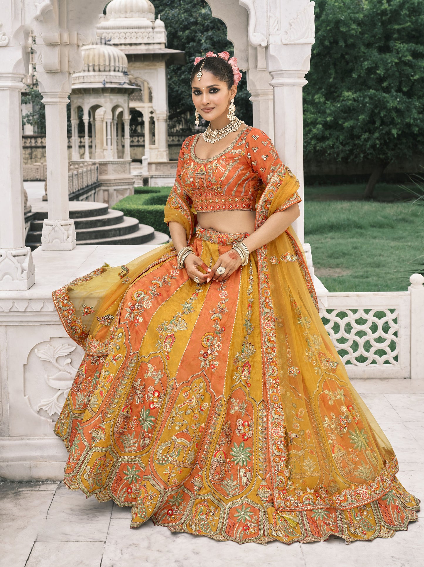 Yellow and Orange Silk Heavy Mirror & Sequins Embroidered Bridal Lehenga
