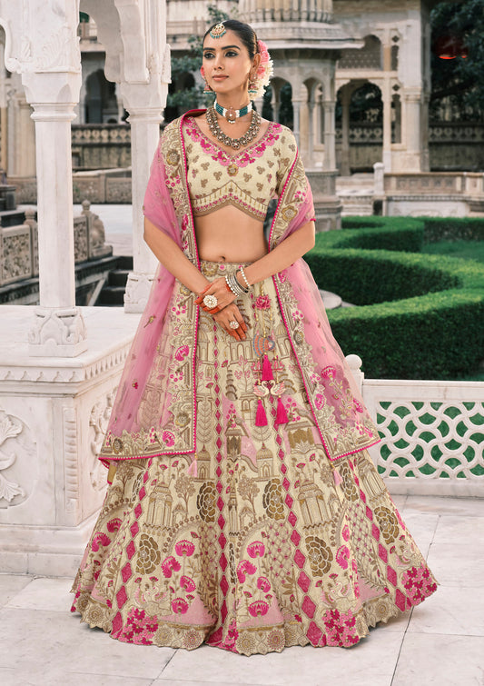 Cream and Pink Silk Heavy Mirror & Sequins Embroidered Bridal Lehenga