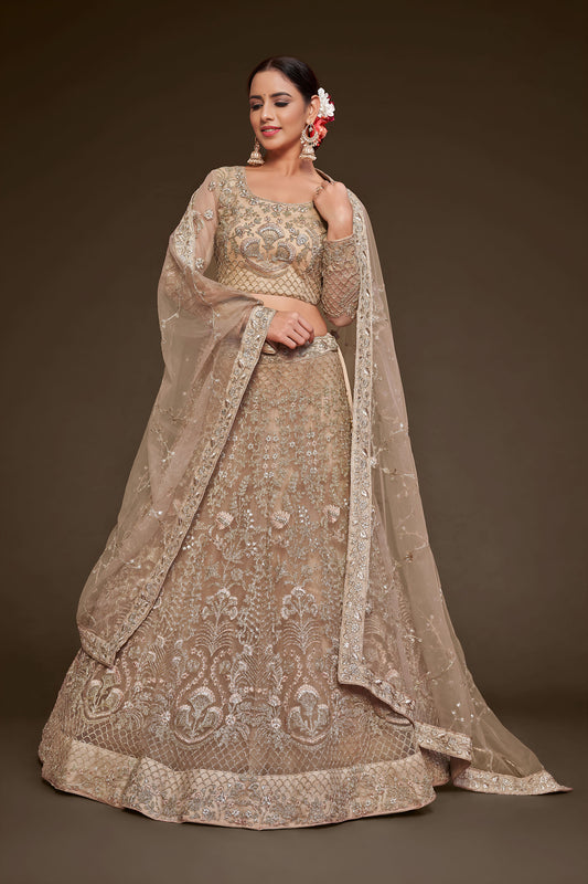 Royal Beige Soft Net Zari & Glitter Dori Work Bridal Lehenga
