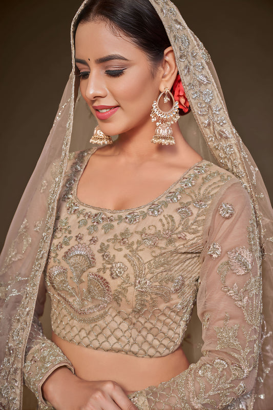Royal Beige Soft Net Zari & Glitter Dori Work Bridal Lehenga