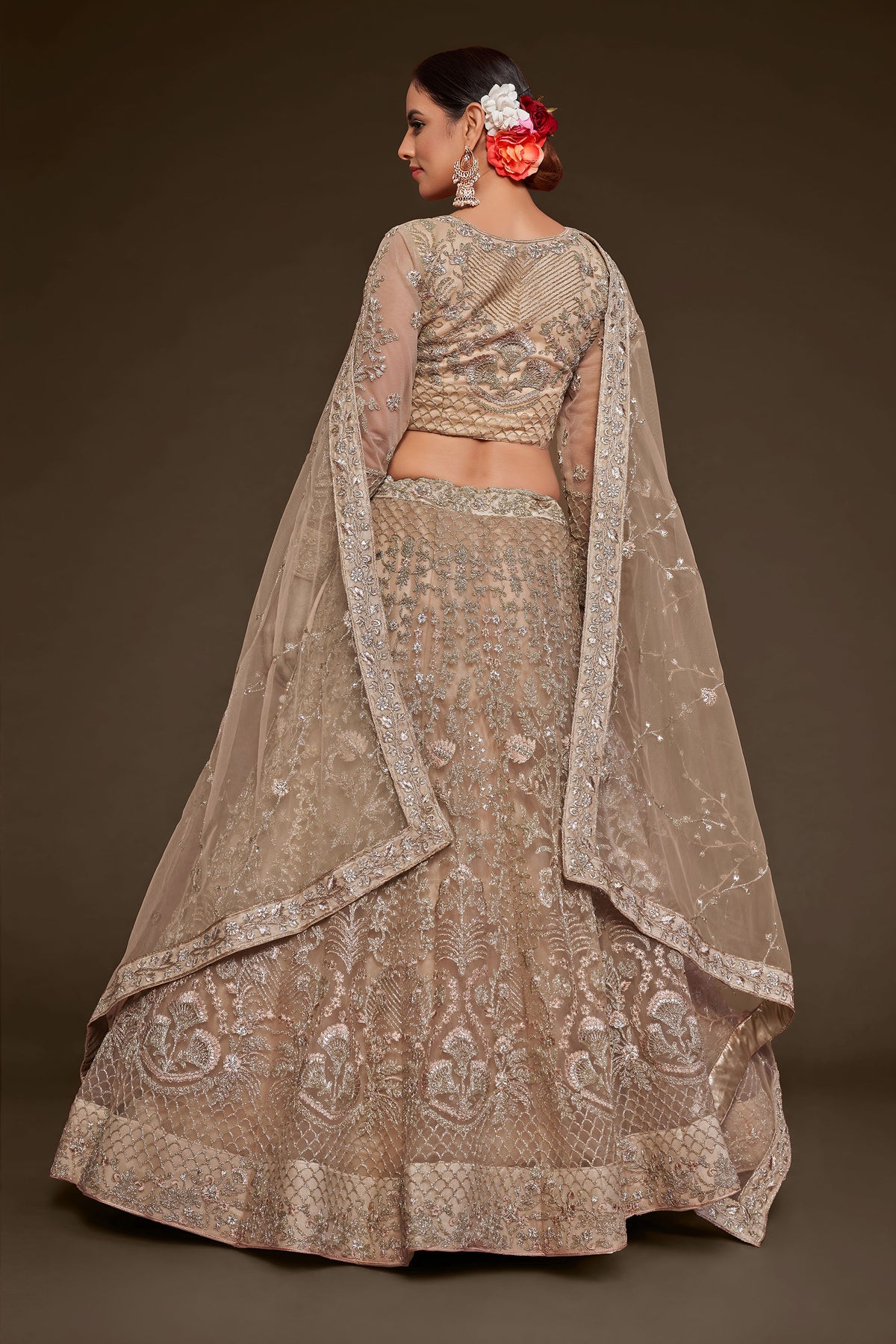 Royal Beige Soft Net Zari & Glitter Dori Work Bridal Lehenga