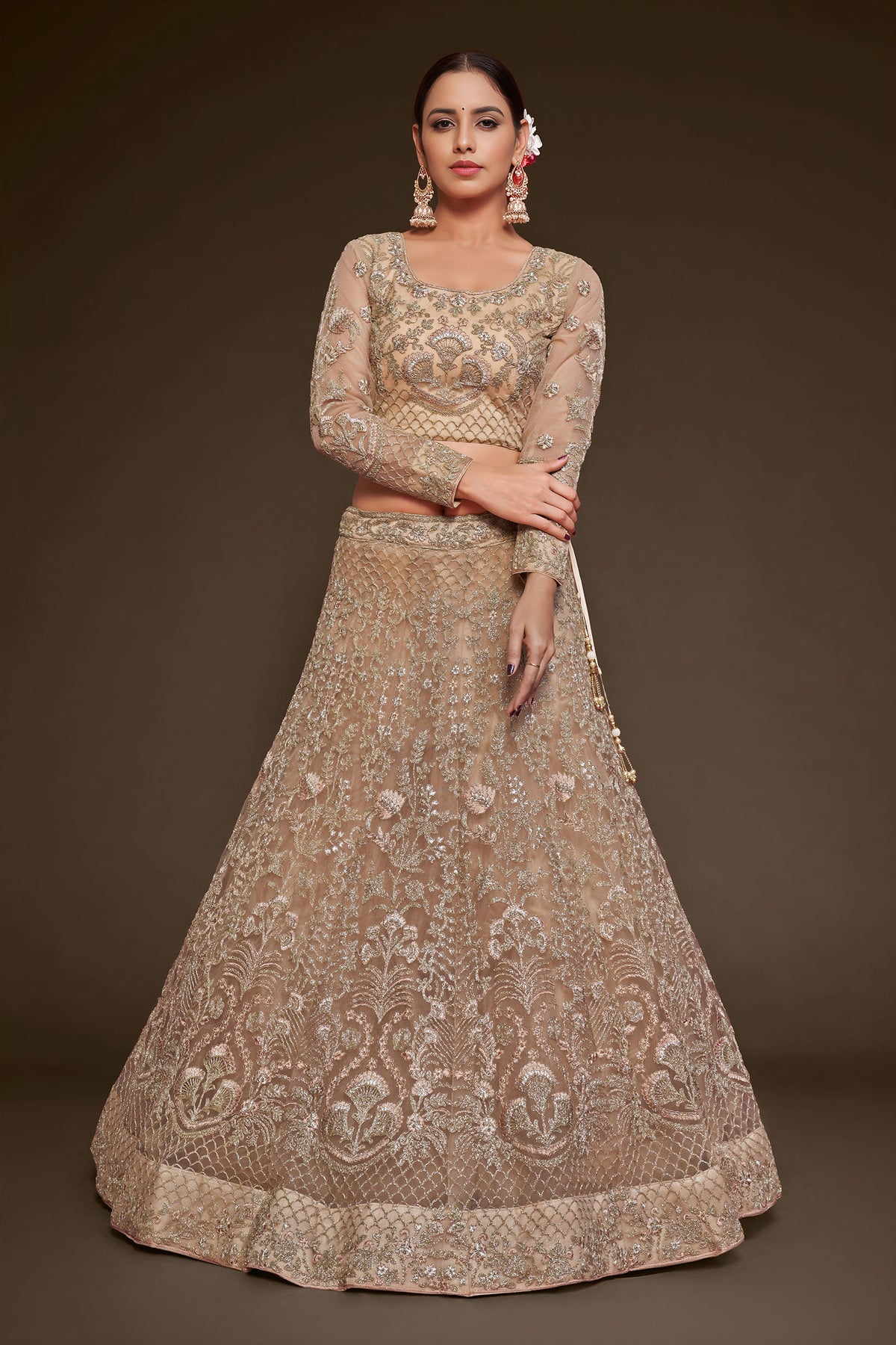Royal Beige Soft Net Zari & Glitter Dori Work Bridal Lehenga