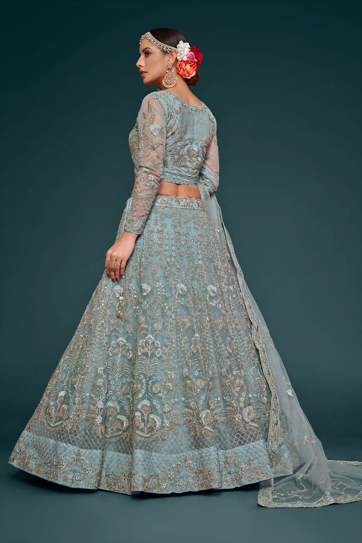 Sky Blue Soft Net Zari & Thread, Glitter Dori Work Wedding Lehenga