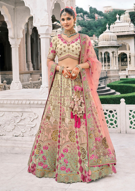 Cream and Peach Silk Heavy Mirror & Sequins Embroidered Bridal Lehenga