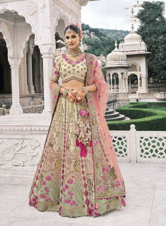 Cream and Peach Silk Heavy Mirror & Sequins Embroidered Bridal Lehenga