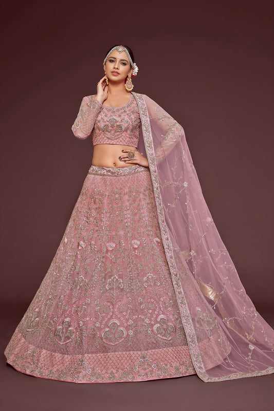 Pearl Pink Soft Net Zari & Glitter Dori Work Bridal Lehenga