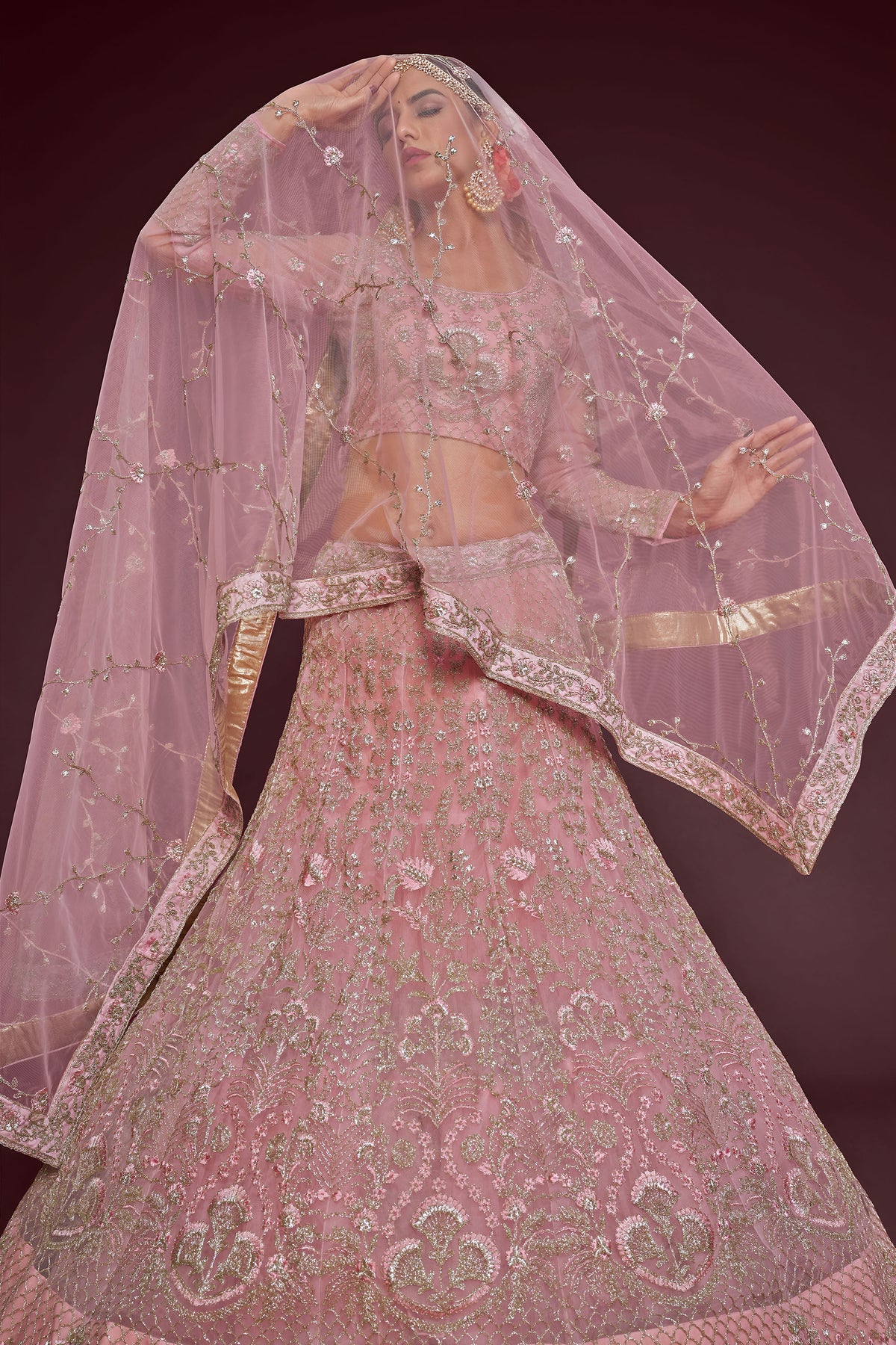 Pearl Pink Soft Net Zari & Glitter Dori Work Bridal Lehenga