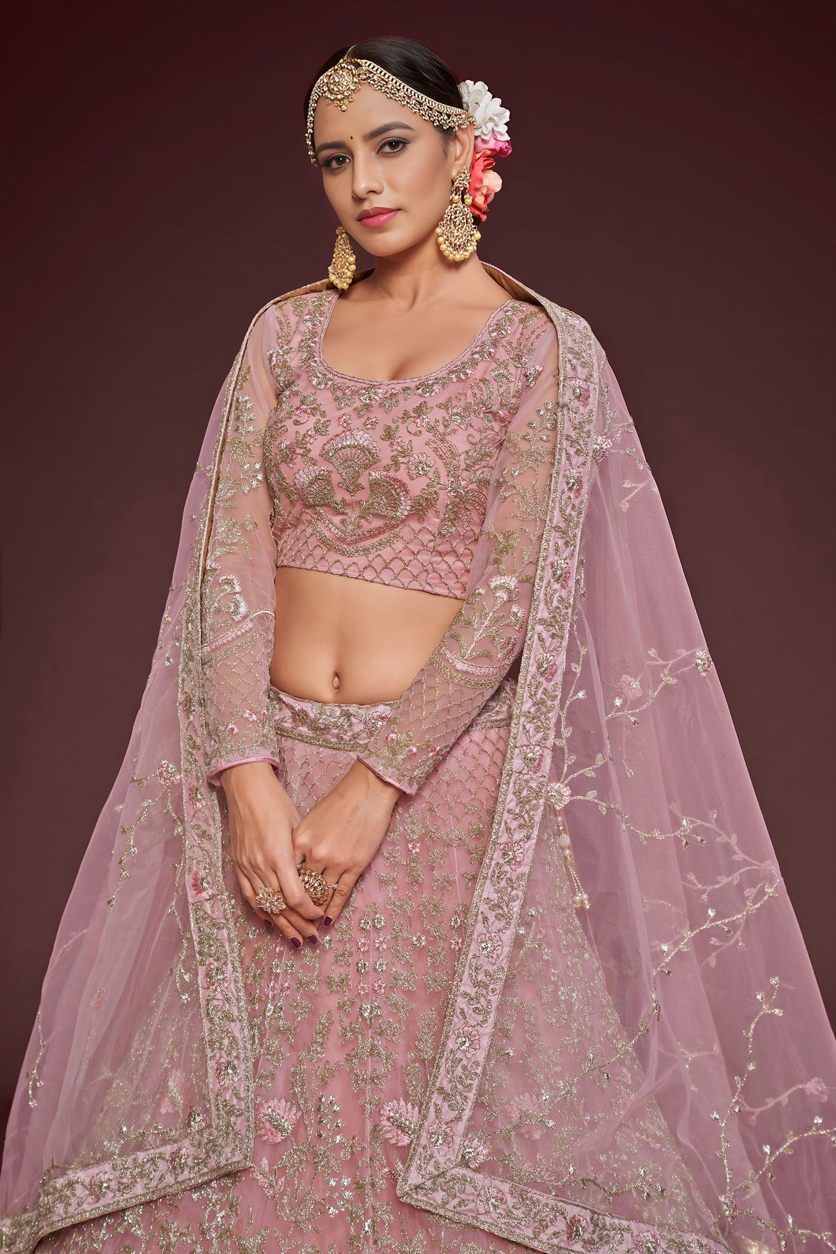 Pearl Pink Soft Net Zari & Glitter Dori Work Bridal Lehenga