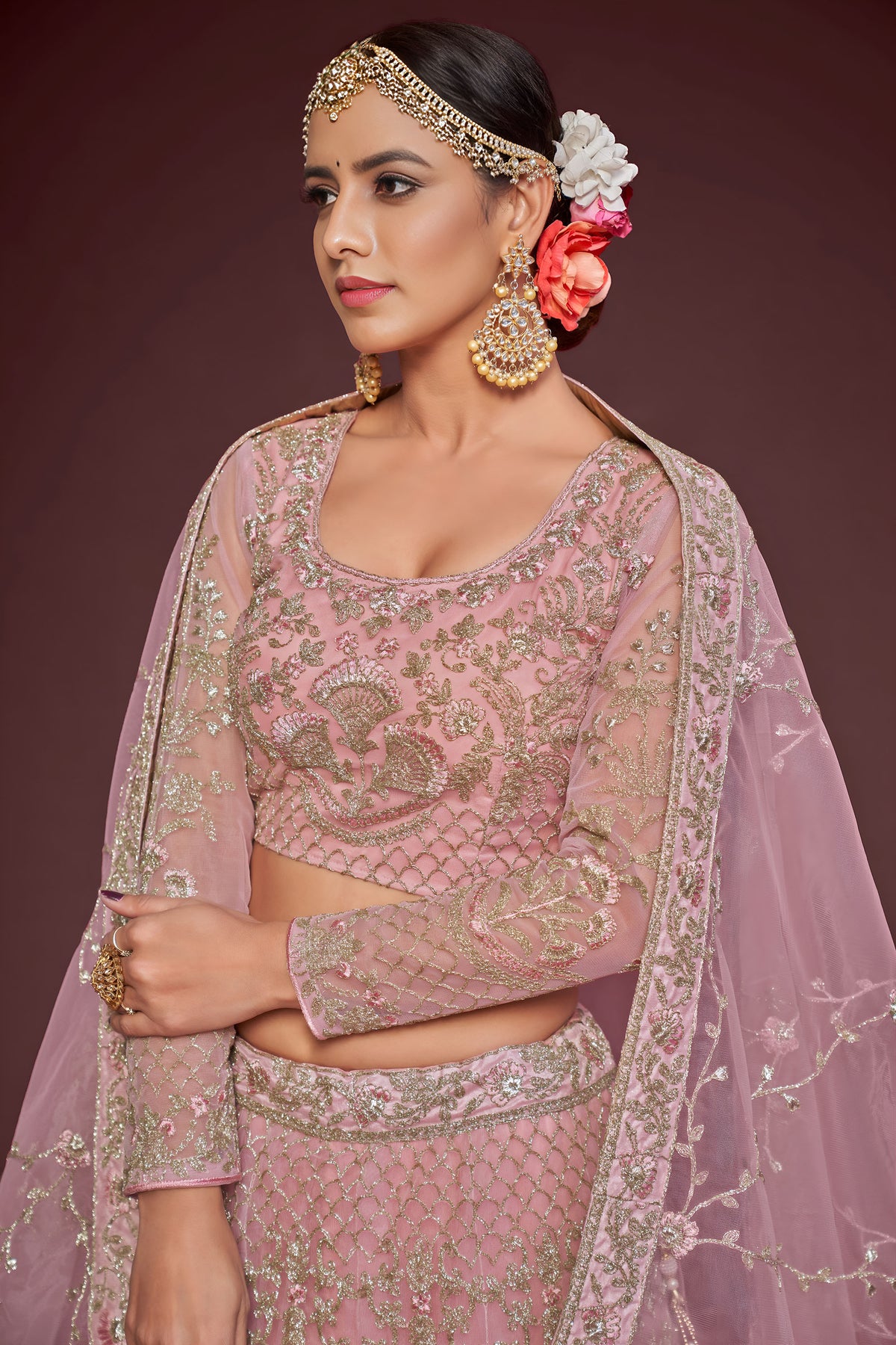 Pearl Pink Soft Net Zari & Glitter Dori Work Bridal Lehenga