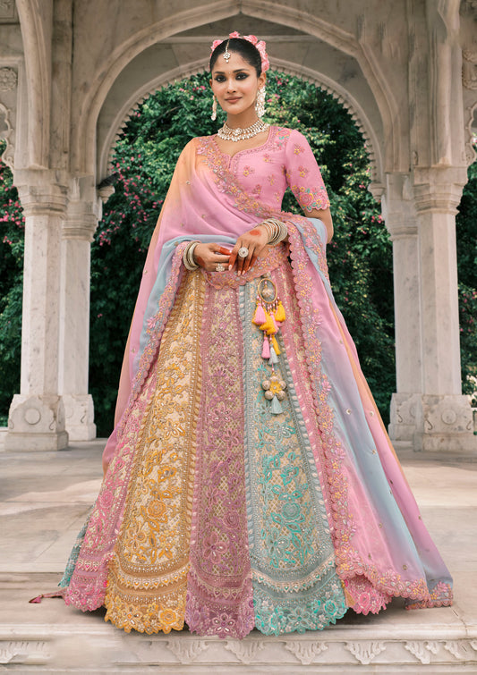 Pink and Blue Silk Heavy Mirror & Sequins Embroidered Bridal Lehenga