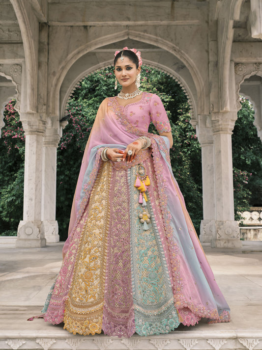 Pink and Blue Silk Heavy Mirror & Sequins Embroidered Bridal Lehenga