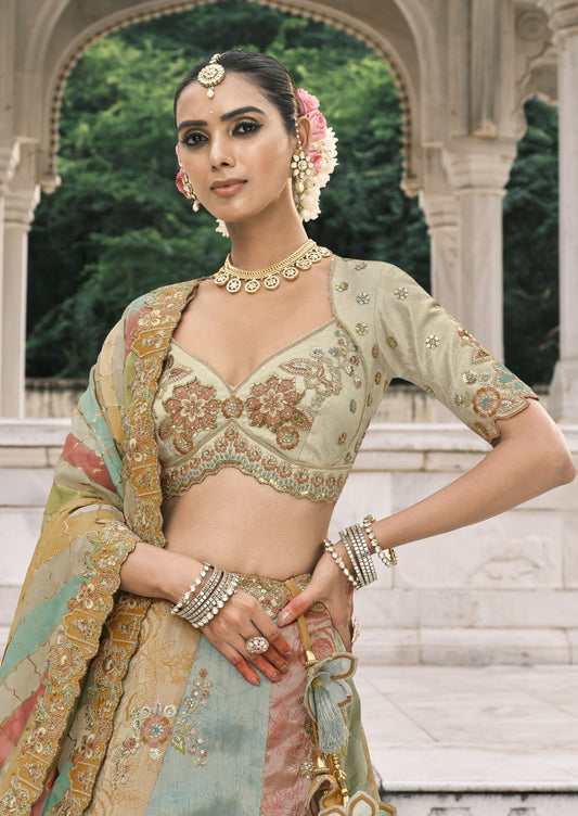 Multi Color Silk Heavy Mirror & Sequins Embroidered Bridal Lehenga