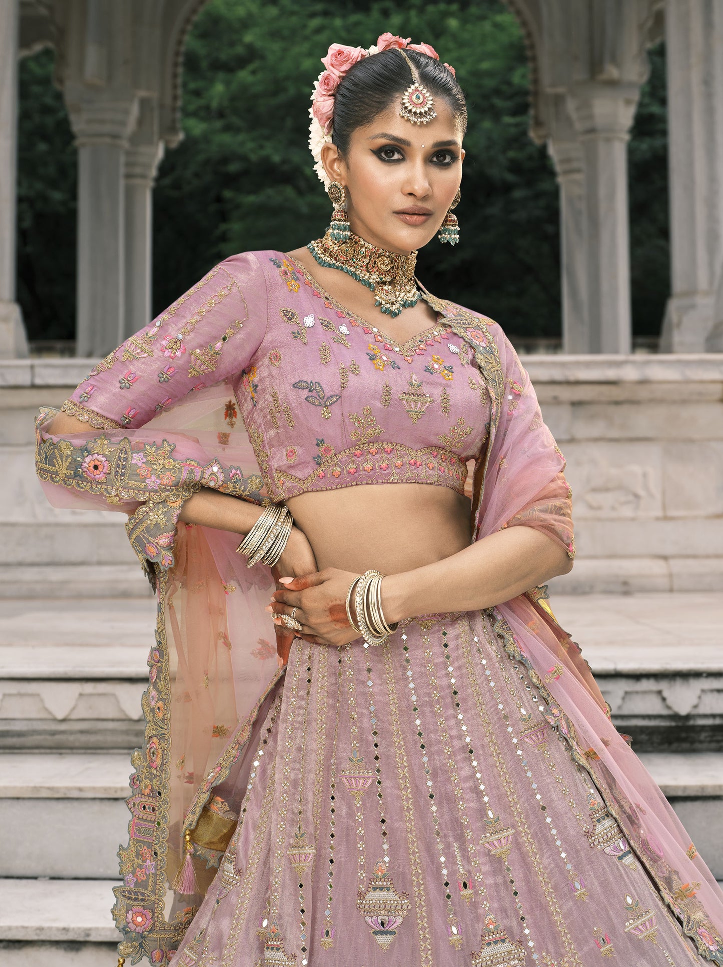 Dusty Pink Silk Heavy Mirror & Sequins Embroidered Bridal Lehenga