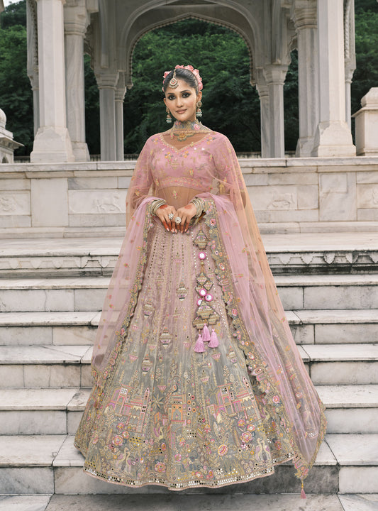 Dusty Pink Silk Heavy Mirror & Sequins Embroidered Bridal Lehenga