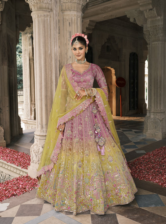 Mauve and Yellow Silk Heavy Mirror & Sequins Embroidered Bridal Lehenga