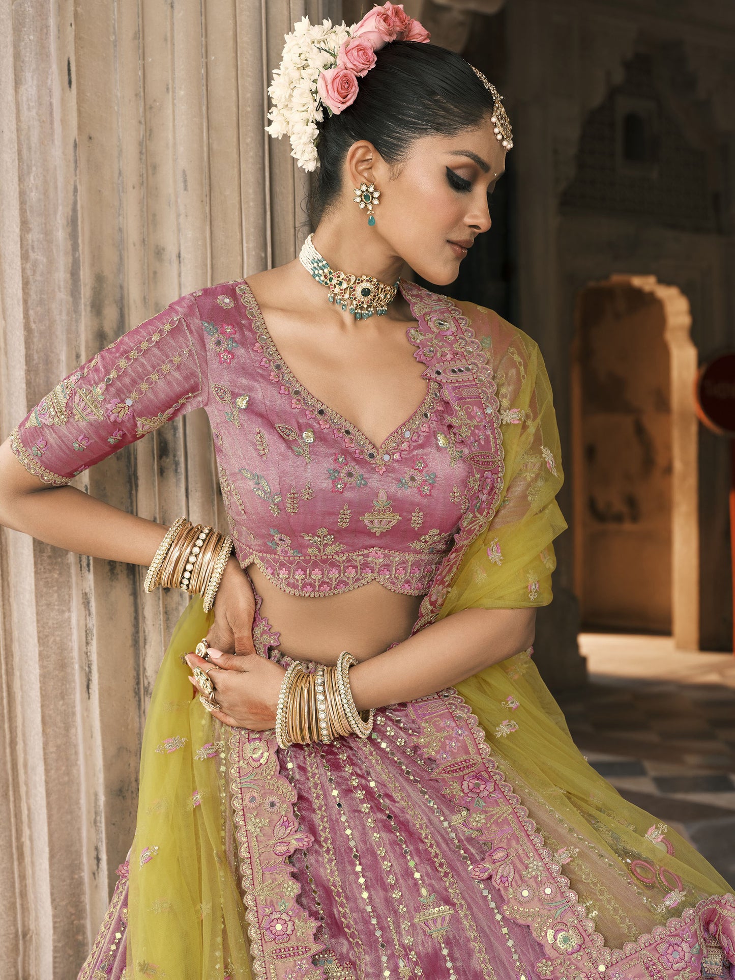 Mauve and Yellow Silk Heavy Mirror & Sequins Embroidered Bridal Lehenga