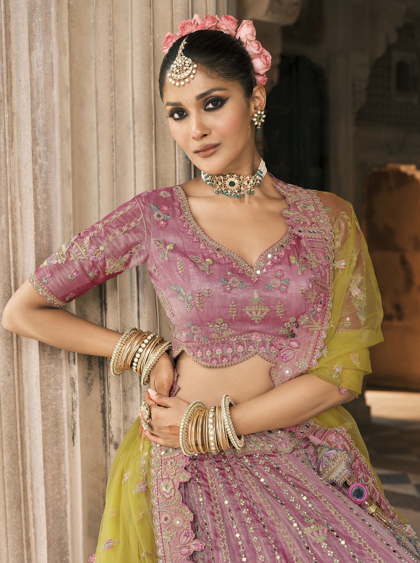 Mauve and Yellow Silk Heavy Mirror & Sequins Embroidered Bridal Lehenga