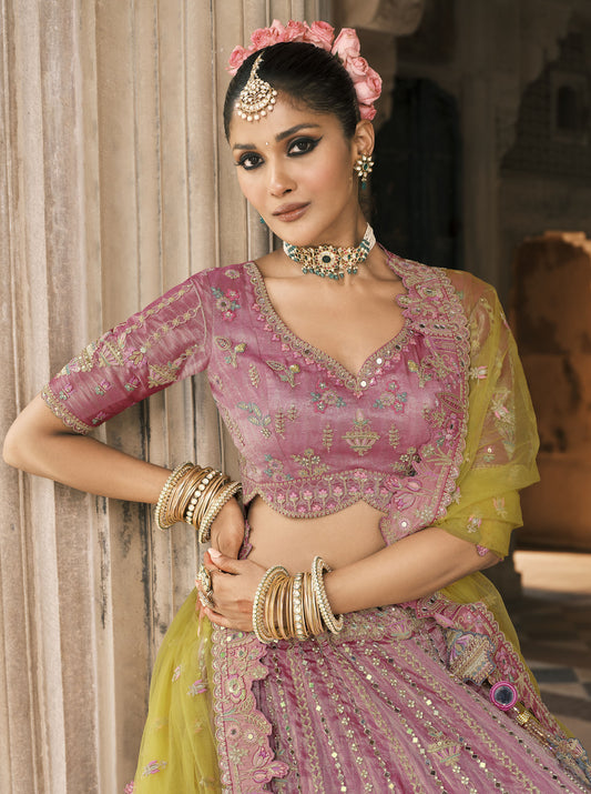 Mauve and Yellow Silk Heavy Mirror & Sequins Embroidered Bridal Lehenga