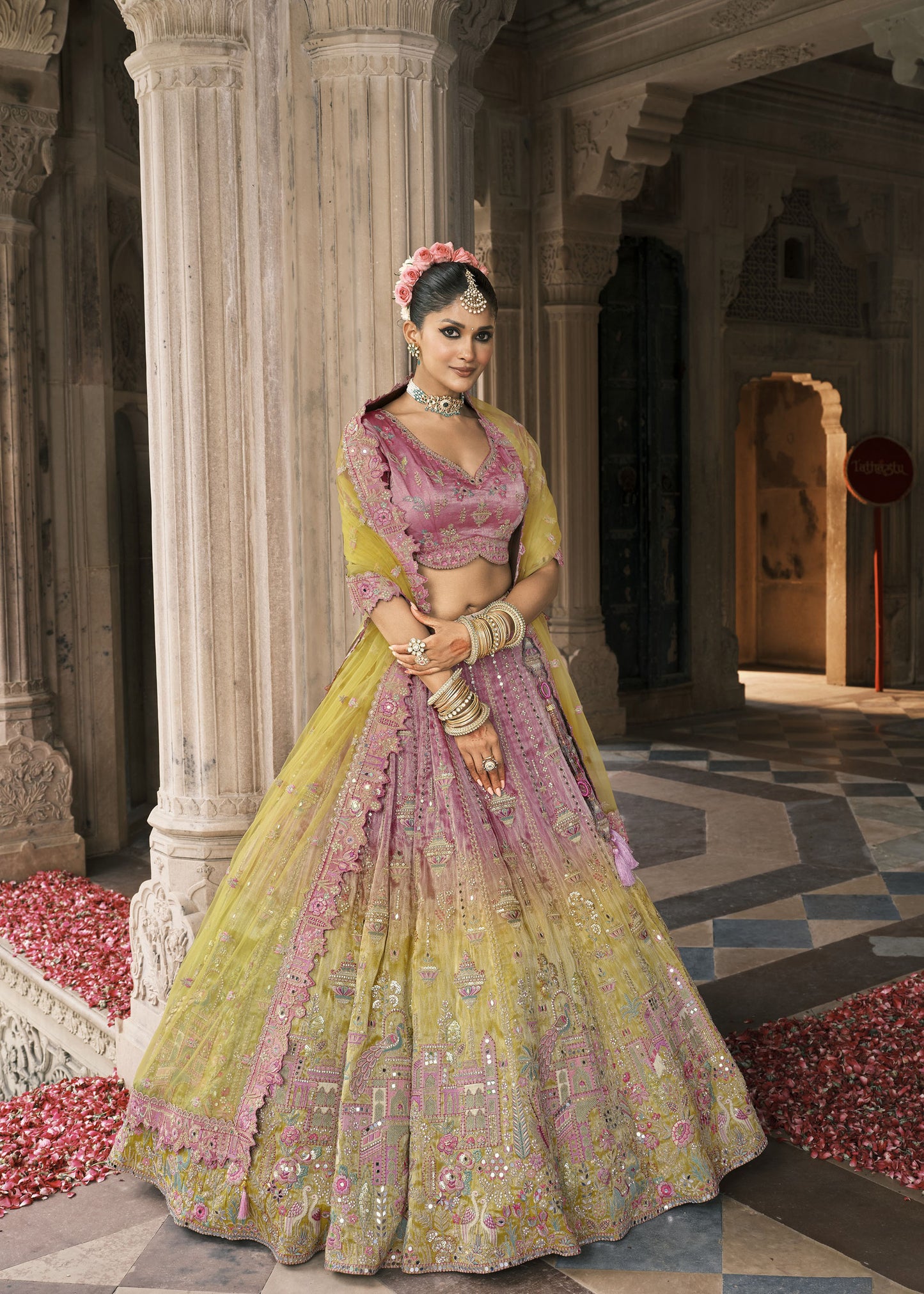 Mauve and Yellow Silk Heavy Mirror & Sequins Embroidered Bridal Lehenga