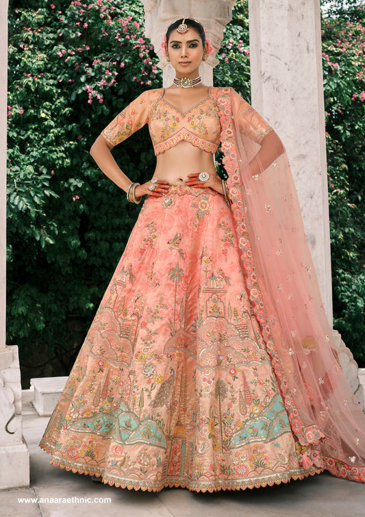 Peach Silk Heavy Mirror & Sequins Embroidered Bridal Lehenga