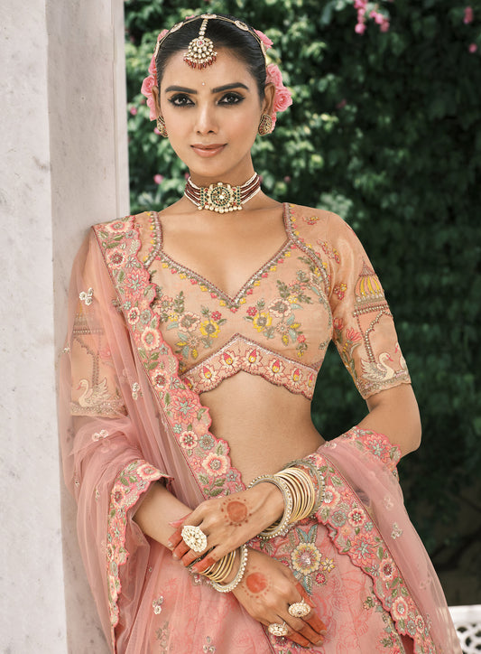 Peach Silk Heavy Mirror & Sequins Embroidered Bridal Lehenga