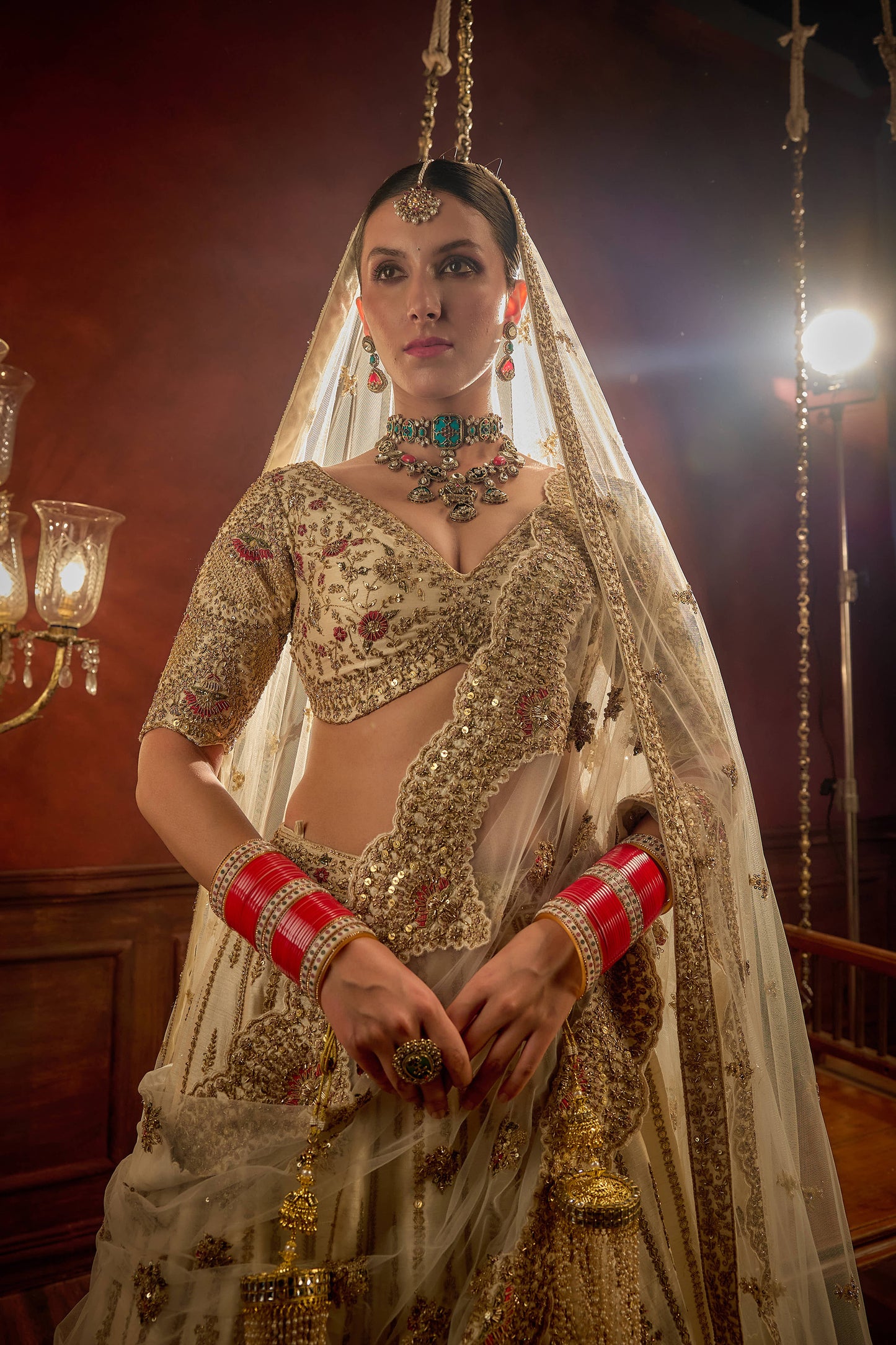 Ivory Raw Silk Hand & Machine Embroidered Lehenga Set