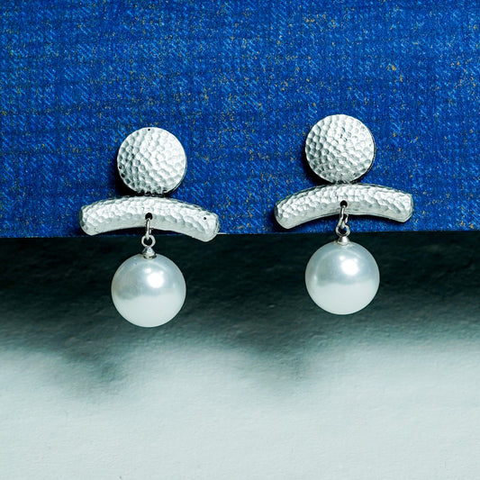 Zevar Club Silver-Toned Antique Statement Drop Earrings with Textured Bar & White Pearl Danglers