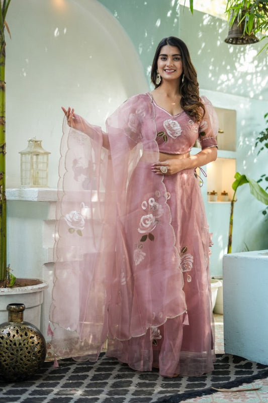 Kashni Pastel Pink Organza Handpainted Sangeet Lehenga Set