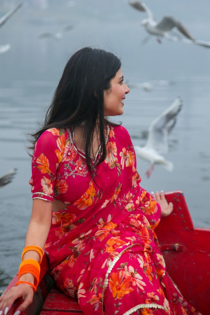 Kiara Pink Chiffon Floral Print Festive Draped Saree