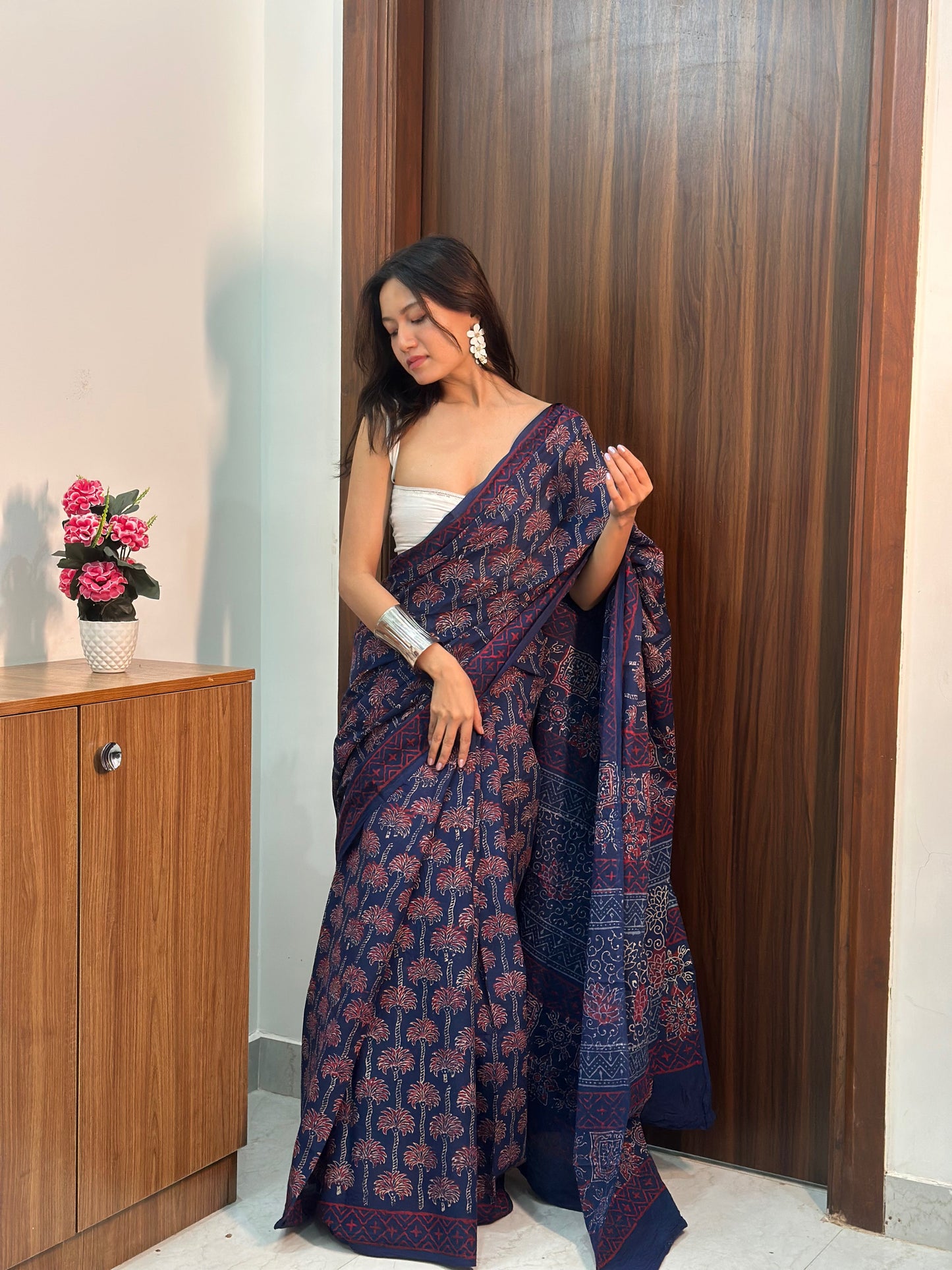 Navy Blue Handblock Cotton Saree