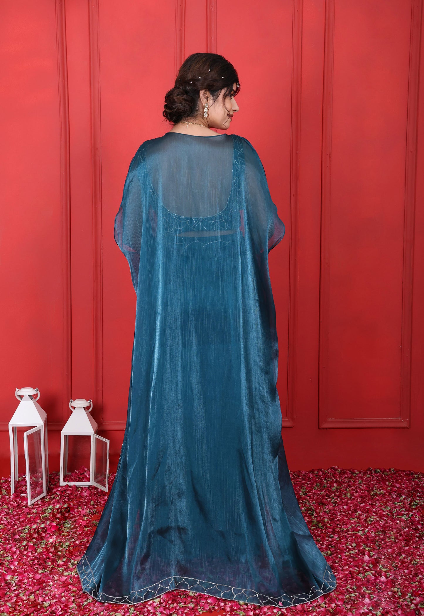 Blue Dianne Square Neck Hand Embroidered Sharara Blouse & Cape Set