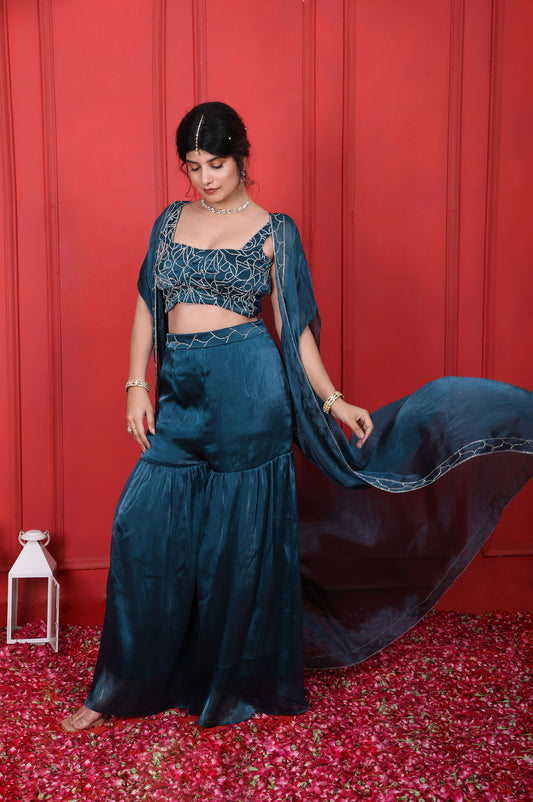 Blue Dianne Square Neck Hand Embroidered Sharara Blouse & Cape Set