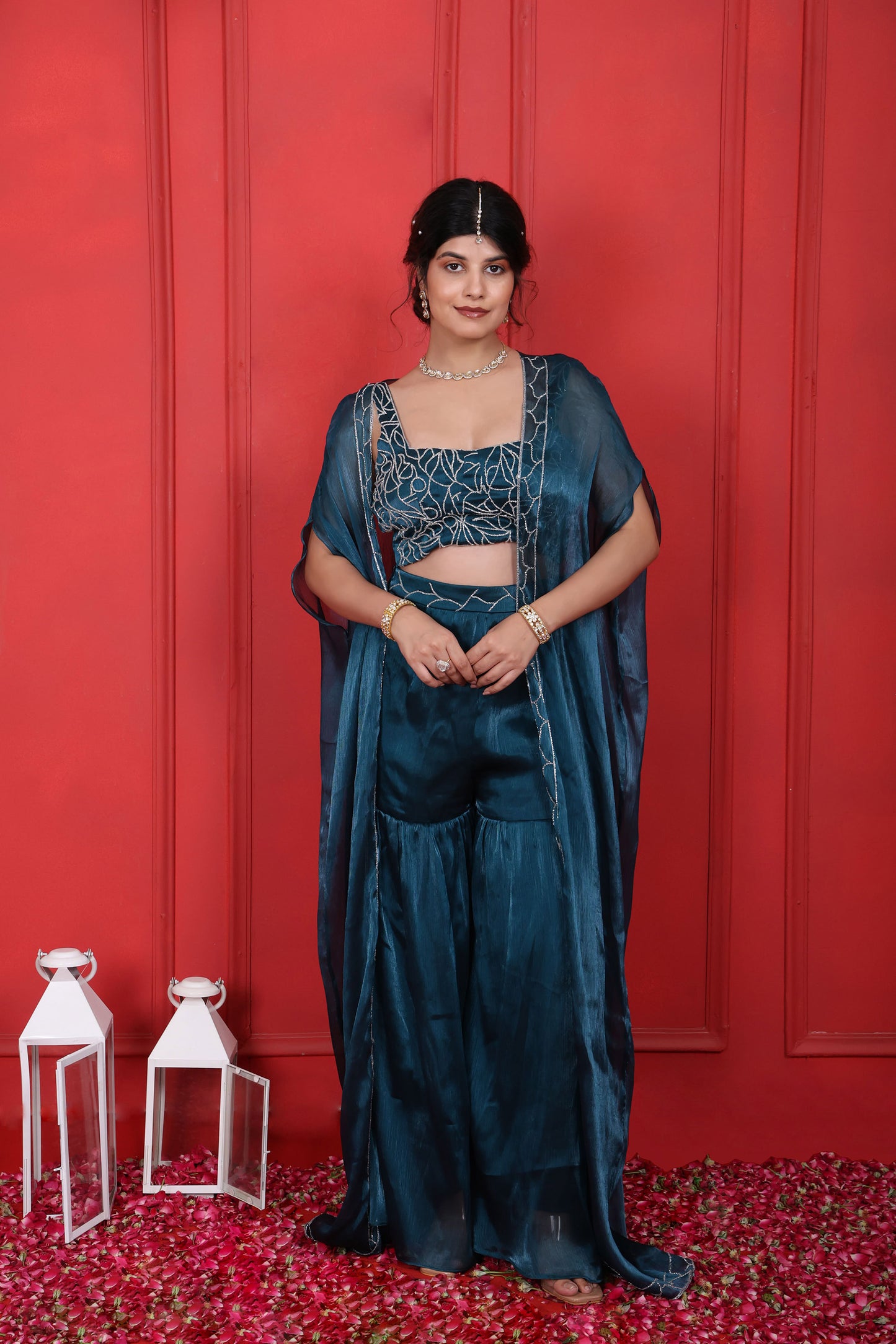 Blue Dianne Square Neck Hand Embroidered Sharara Blouse & Cape Set