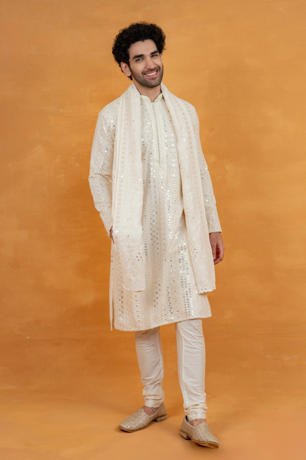 White silk lucknowi silk kurta set with mirror and sequins work
