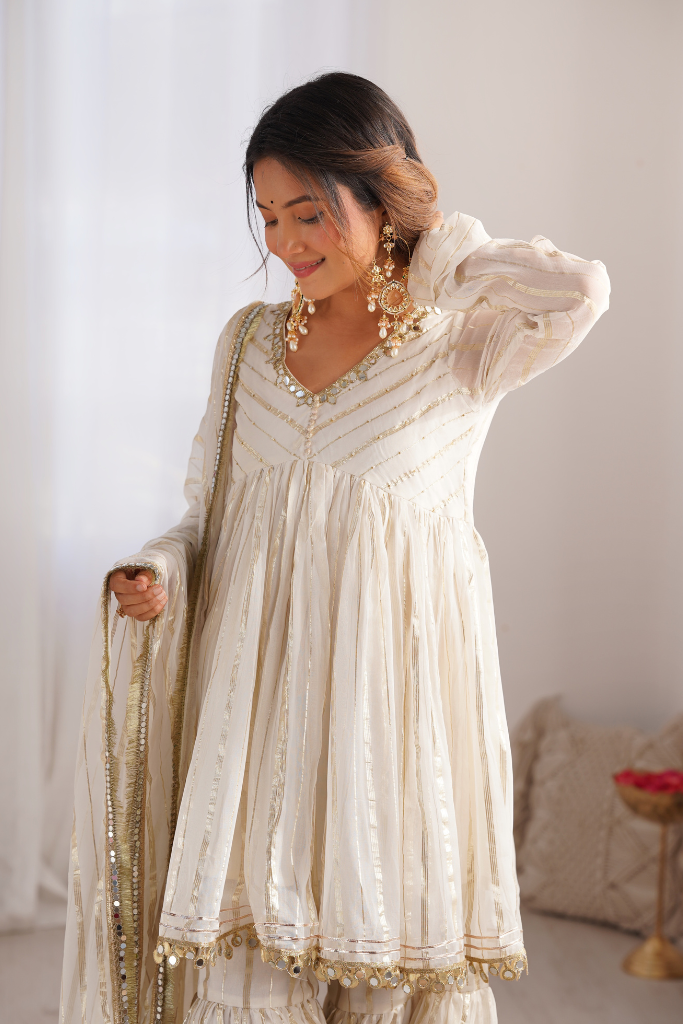 Sajna White Georgette Zari Weaving Festive Sharara Set