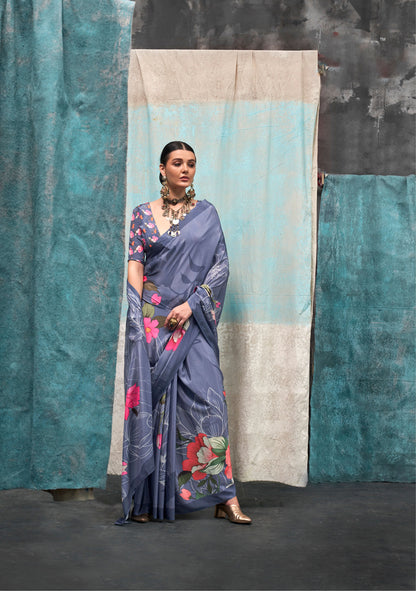Dusty Purple Kernia's Printed Pure Silk Crepe Saree