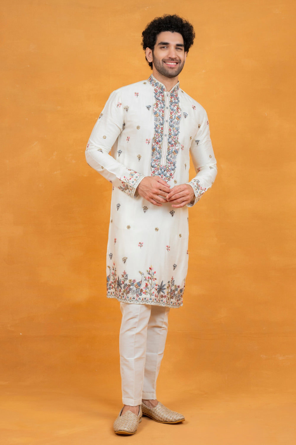 White silk open koti set with multicolour floral thread embroidery