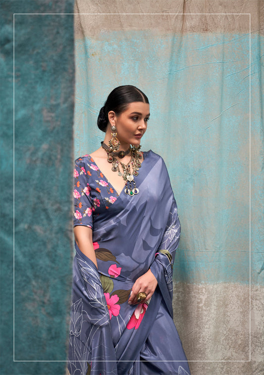 Dusty Purple Kernia's Printed Pure Silk Crepe Saree