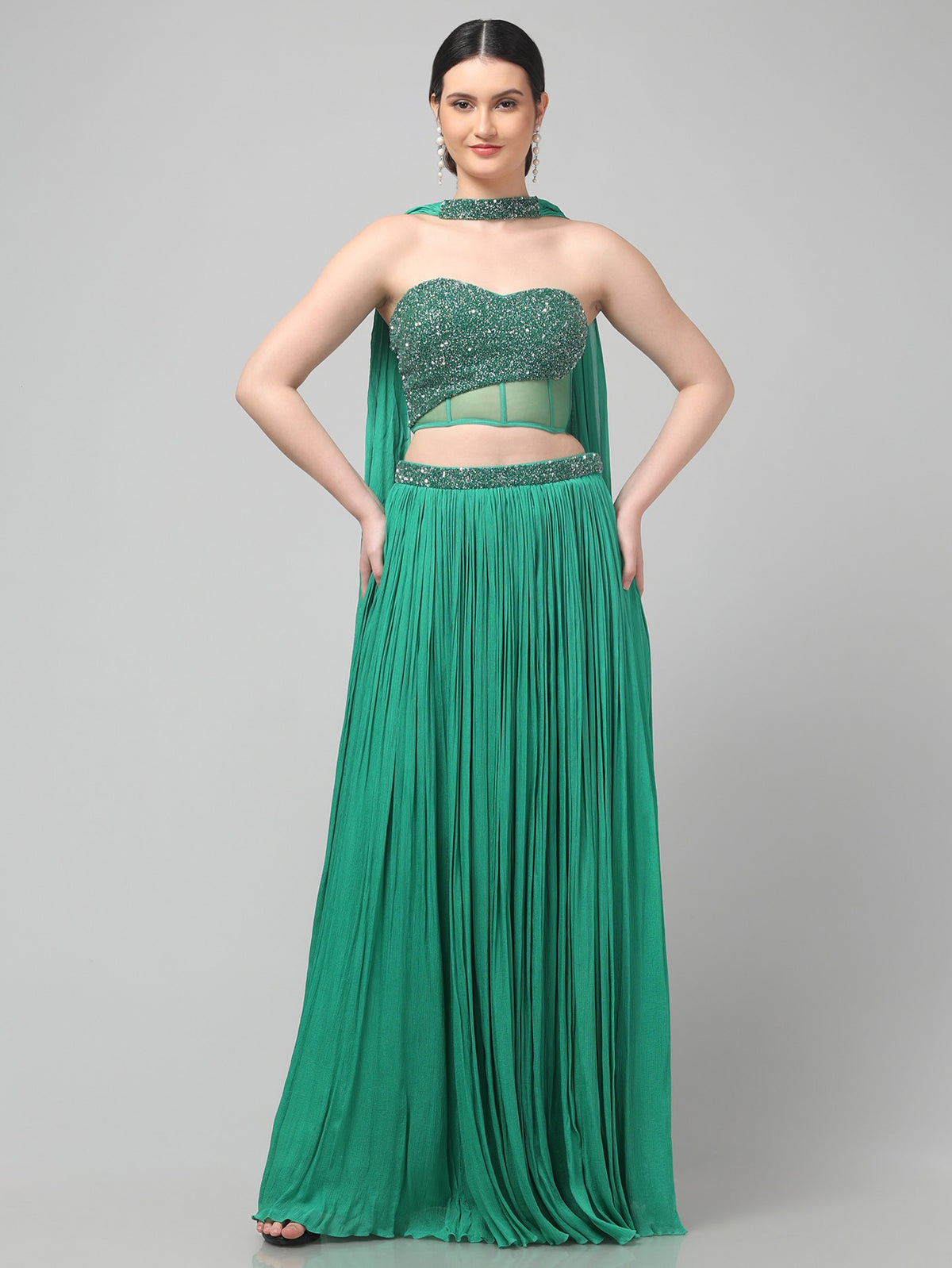 Emerald Green Corset Pure Chinnon Cutdana & Sequence Hand Work Party Wear pleated Skirt & Dupatta