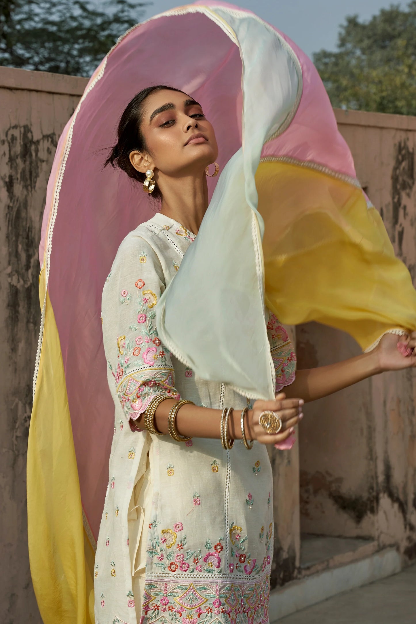 Kaari Natural Linen Kurta with Jacquard Sharara