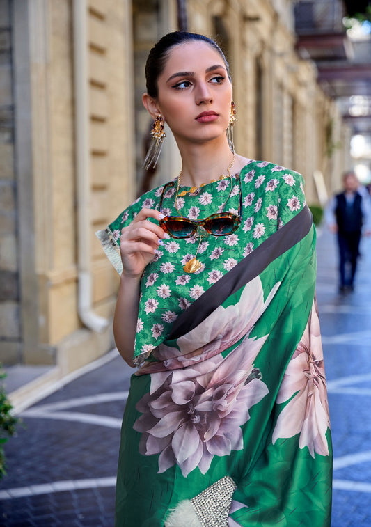 Green Floral Klora Satin Crepe Digital Print Saree