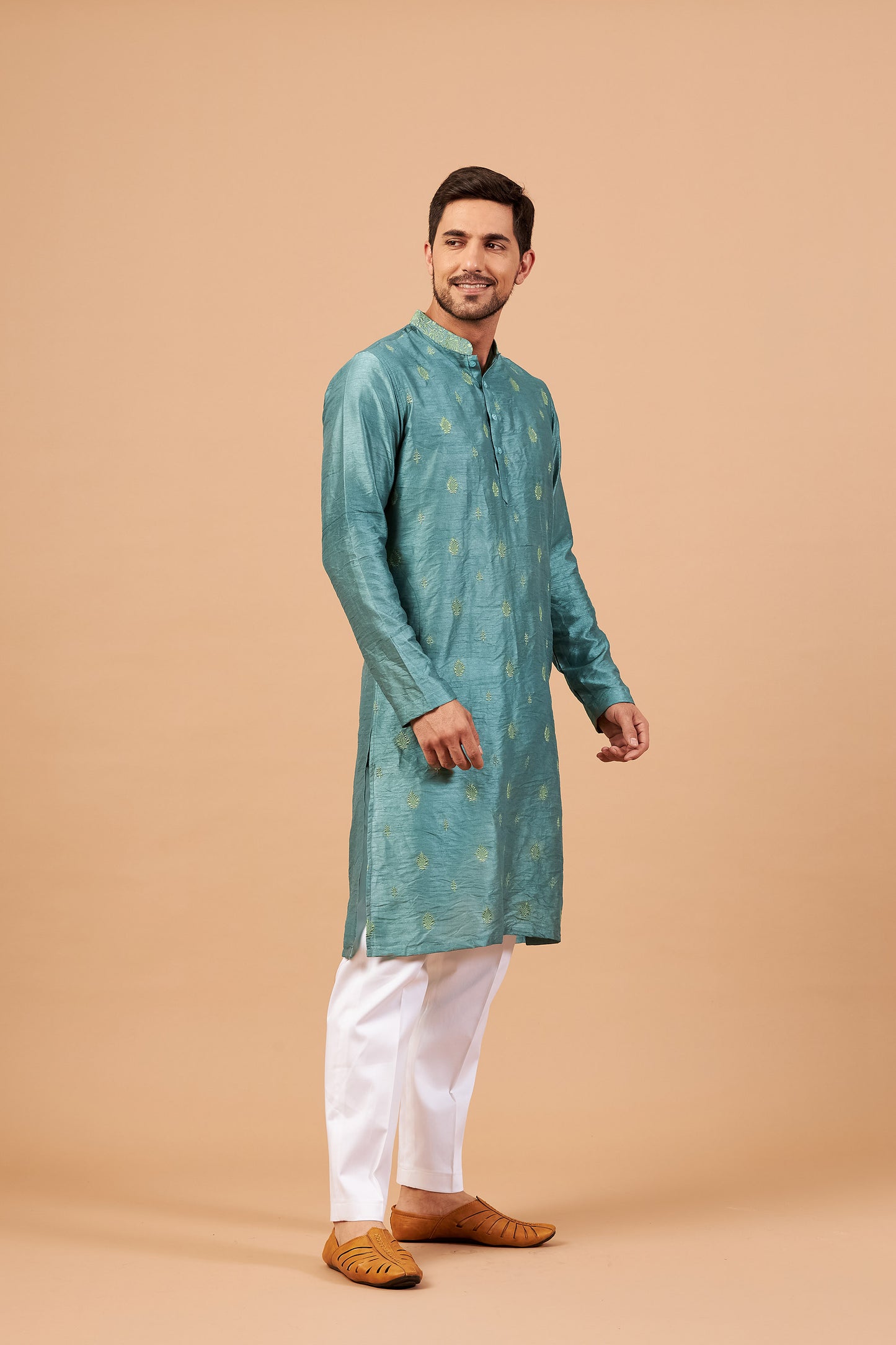 Teal Semi Raw Silk Machine Embroidered Festive ( only Kurta )