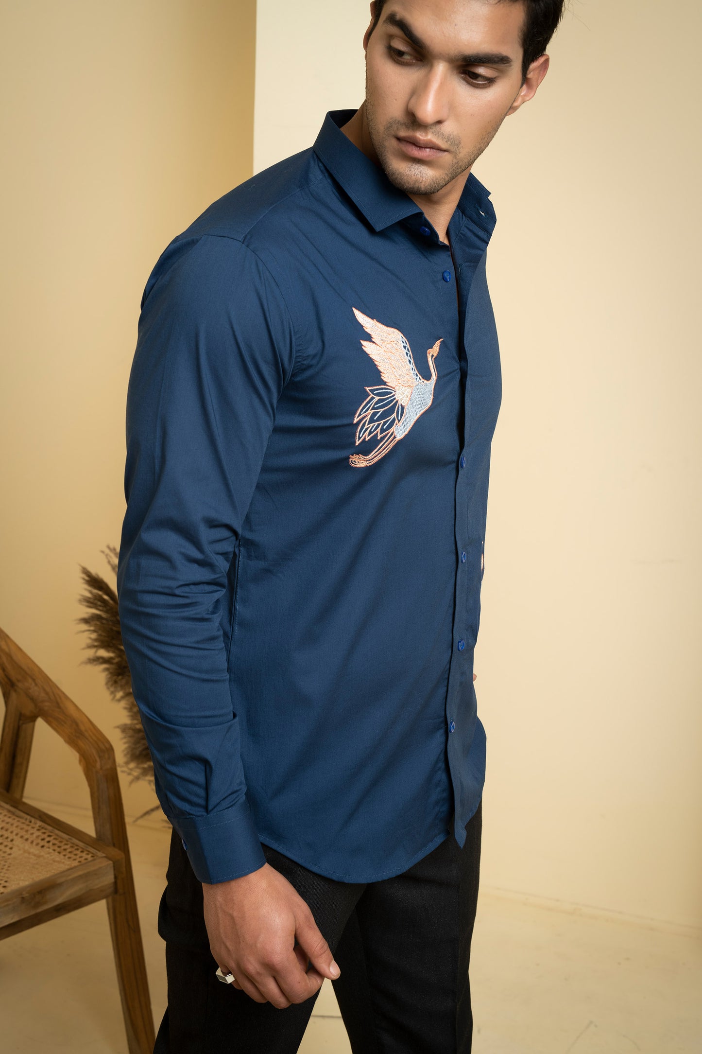 Navy Blue Poplin Lycra Cran Embroidered Festive Shirt