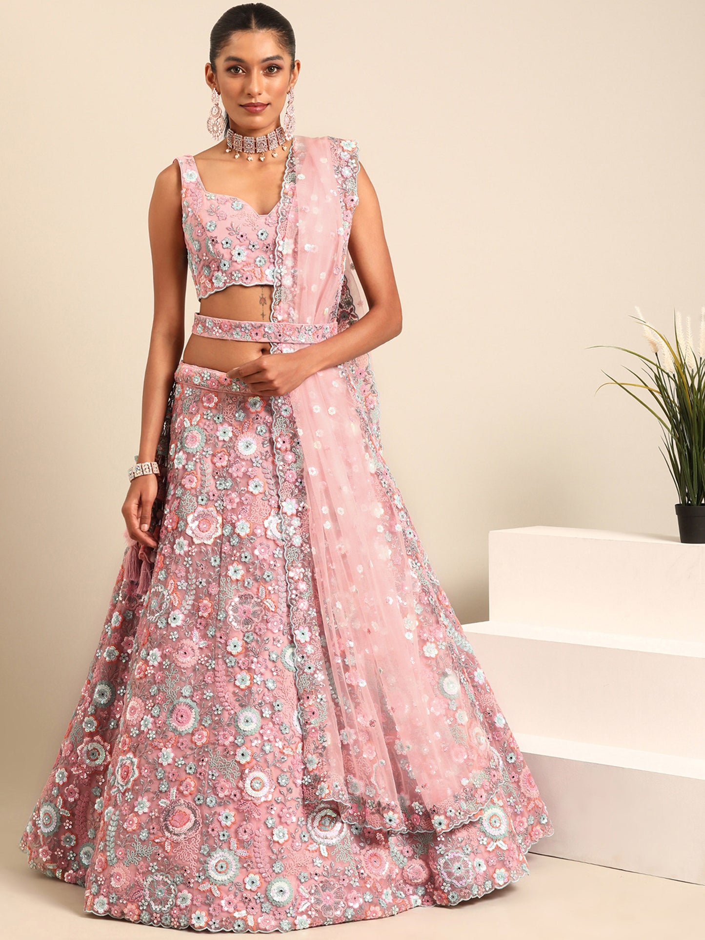 Pink Net Sequins, Mirror and thread embroidery Lehenga