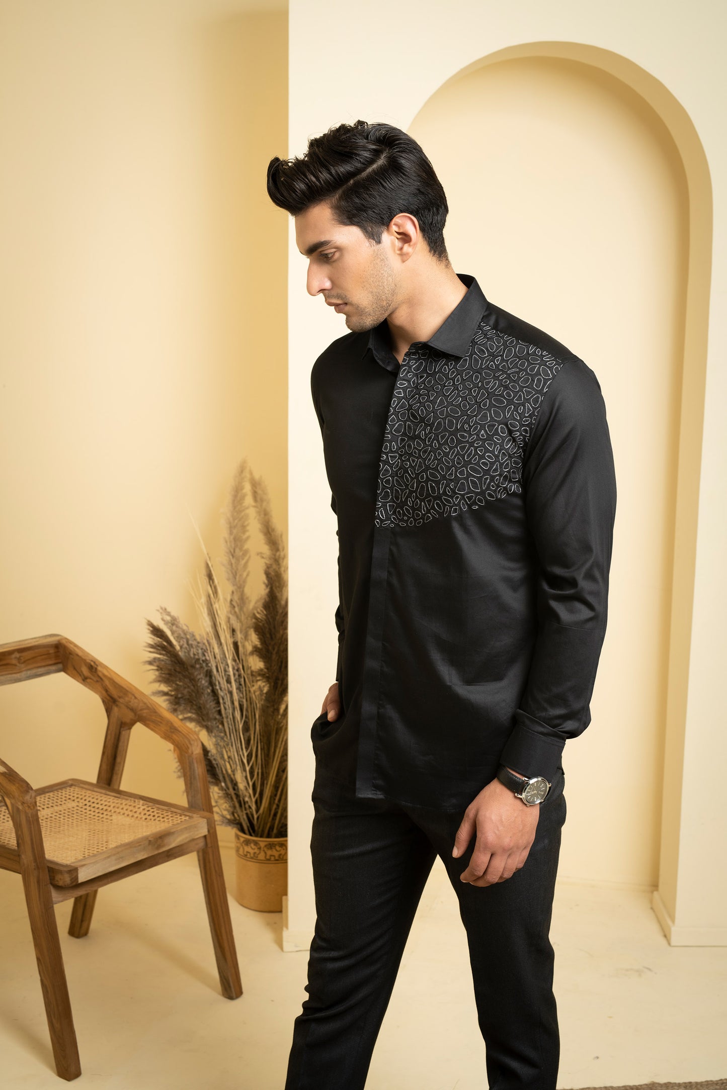 Black Giza Cotton Distorted Plain Shirt