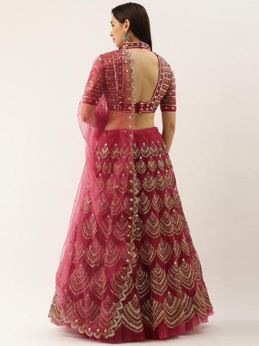 Women Rosegold Net Embroidered Mirror Semi-Stitched Lehenga & Unstitched Blouse with Dupatta