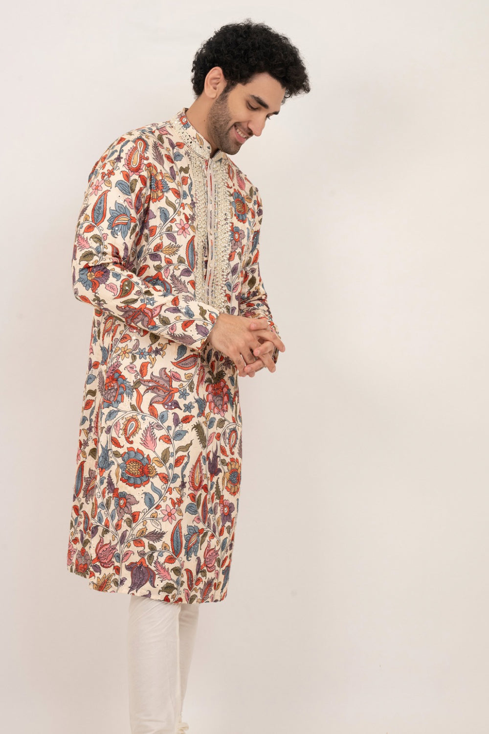 Multicolour resham embroidered satin lenin kurta set with kasab and mirror work